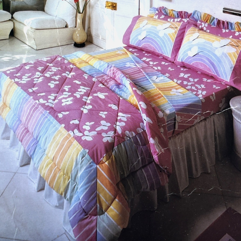 Vintage 80s VERA Neumann King Fitted Sheet White Pink Butterfly Burlington